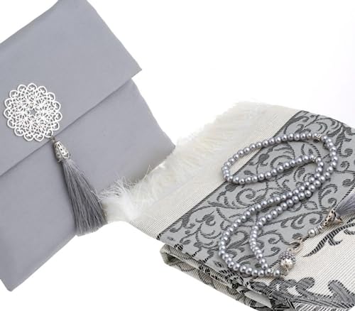 Prien Muslim Prayer Rug with Tasbih and Portable Bag, Muslim Gift for Women Men, Mubarak Islamic Box, Soft Mat Islam Gifts Set, Turkish Sajadah for Ramadan, Eid, Hajj, Travel, Pray (Grey) - color: Grey
