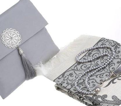 Prien Muslim Prayer Rug with Tasbih and Portable Bag, Muslim Gift for Women Men, Mubarak Islamic Box, Soft Mat Islam Gifts Set, Turkish Sajadah for Ramadan, Eid, Hajj, Travel, Pray (Grey) - color: Grey