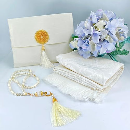 BABY SHOWER CHOCOLATE Muslim Prayer Rug and Tasbeeh Set with Portable Premium Shantung Bag – Soft Janamaz Sajadah for Men & Women – Islamic Gift for Ramadan, Eid, Hajj, Umrah – Travel Prayer Mat - color: White