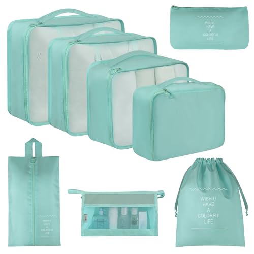 Vercord 8 Set Travel Packing Pods Luggage Organizers Cubes with Laundry Bags Accessories - color: Skyblue-8set