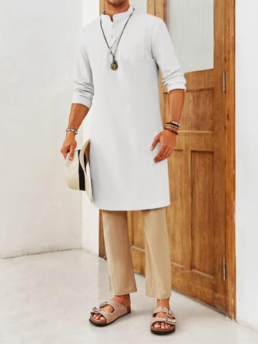 Gafeng Mens Kaftan Robe Button Down Long Sleeve Henley Cotton Thobe Casual Side Split Gown Shirt - color: White, size: XX-Large