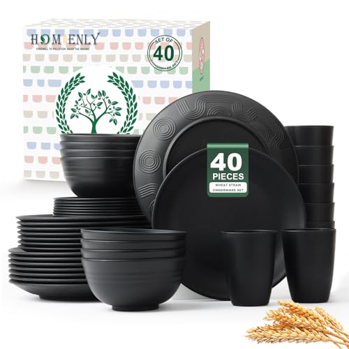 Homienly 40-Pieces Wheat Straw Dinnerware Set, Kitchen Plastic Wheat Straw Dinnerware Set - Service for 8, Unbreakable Lightweight Dish Set for Kitchen, Camping - Plates Set, Bowls, Cups Set(Black) - color: Black, size: 40 PCS