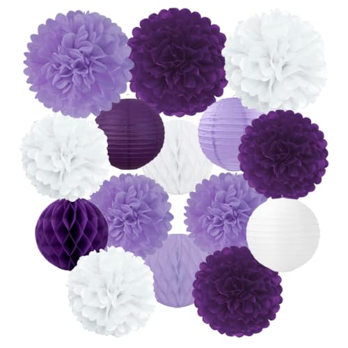 Purple White Paper Flowers Tissue Pom Poms Honeycomb Lanterns 15pcs Party Decorations for Birthday Lavender Baby Shower Wedding Mom Bridal Lilac Retirement Graduation Hanging Decor Mprocherify - color: Purple White