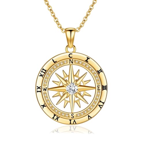 Compass Necklace for Women Jewelry Sterling Silver Travel Necklaces for Wife Wedding Anniversary Girlfriend Birthday Gifts for Her Valentines Day Mom Mothers Day Christmas Graduation Anniversary - style: Gold Compass Necklace