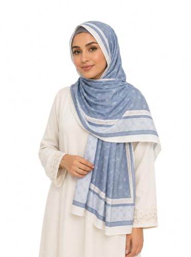Satin Hijab Scarf for Women, Silk-Feeling Muslim Headscarf, Digital Bow Letter Print Head Wrap Shawl for Summer - color: Haze Blue