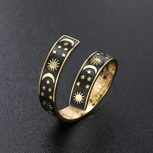 Dreamtimes Islamic Ayatul Kursi Arabic Calligraphy Ring for Men Women Stainless Steel Open Adjustable Band Crescent Moon Ring Star Rings Muslim Religious Jewelry for Eid Mubarak Ramadan - color: Gold