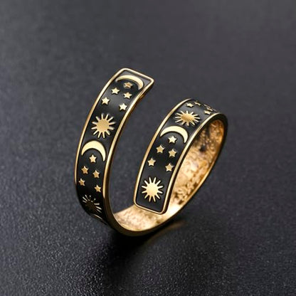 Dreamtimes Islamic Ayatul Kursi Arabic Calligraphy Ring for Men Women Stainless Steel Open Adjustable Band Crescent Moon Ring Star Rings Muslim Religious Jewelry for Eid Mubarak Ramadan - color: Gold