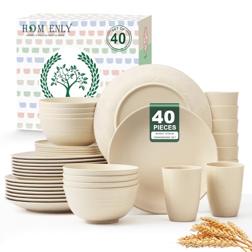 Homienly 40 PCS Dinnerware Set Service for 8, Kitchen Wheat Straw Dinnerware Set Unbreakable - Plates Set, Bowls Set,Cups Set, Microwave and Dishwasher Safe Dish Set for Dinner, Outdoor(Beige) - color: Beige, size: 40 PCS