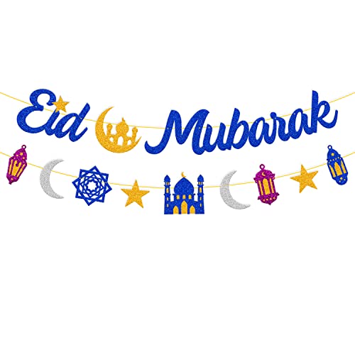 Eid Mubarak Banner Lantern Moon Castle Star Theme Party Supplies for Muslim Islamic Eid Al-fitr Festival Celebration Garland Party Decorations （Blue）