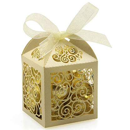 KPOSIYA 100 Pack Wedding Favor Boxes Laser Cut Boxes Party Favor Box Small Gift Boxes Lace Candy Boxes for Wedding Bridal Shower Baby Shower Birthday Party Anniverary with Ribbons (Beige, 100) - color: Beige 100
