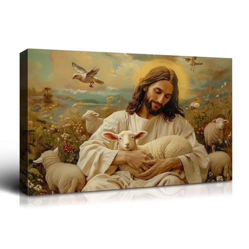 Wewejia - Religious Mural Art Canvas Print 18x12 Inch, Idyllic Picture With Lamb And Birds Jesus Poster Bible Mural Living Room Bedroom Chapel Wall Decor Christian Home Decor - color: WWJYSS130, size: 18"L x 12"W