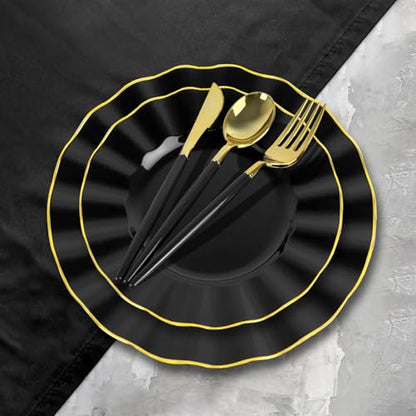 150Pcs Plastic Plates with Gold Rim,Heavy Duty Black Plates for 30 Guests,Plastic Dinnerware Set Include 30 Dinner Plate,30 Dessert Plate,90 Gold Cutlery Set for Party (Black) - color: Black