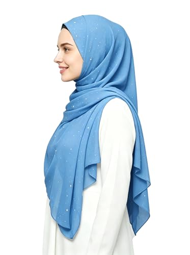 Lina & Lily Sparkle Shimmer Gold Glitter Women's Chiffon Hijab Head Scarf Shawl Wrap Lightweight - color: Azure Blue
