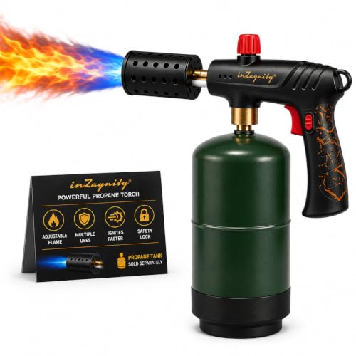 inZaynity® Propane Torch Gun for Grill & BBQ - High Power Handheld Blow Torch with Adjustable Flame & Safety Lock - Portable Fire Starter for Cooking, Searing,Charcoal & Outdoor Use(Tank Not Included)