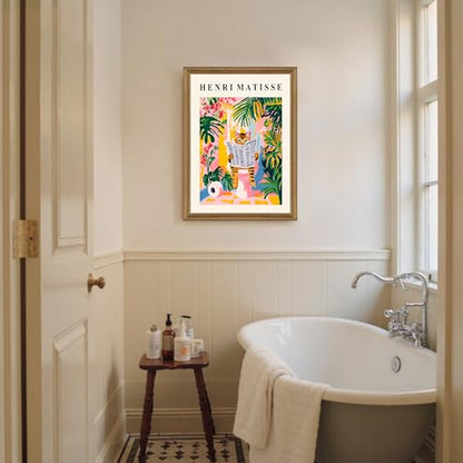 ICHZUMW Framed Funny Tabby Cat Matisse Canvas Bathroom Wall Art, 16x24 In - color: Matisse Reader, size: 24"L x 16"W