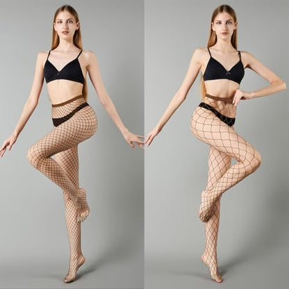MengPa Women's Fishnets Tights High Waist Stockings Party Thigh High Pantyhose - color: 2pcs-brown