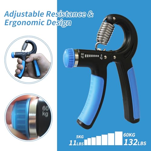 Grip Strength Trainer, Hand Gripper Strengthener with Adjustable Resistance 11-132 Lbs (5-60kg), Forearm Strengthener with Non-Slip Gripper for Muscle Building and Injury Recover (Blue)