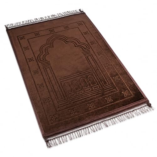 Muslim Prayer Rug Brown Soft Velvet Islamic Sajadah Prayer Mat with Tassels 31.5 x 47.2 in for Home Mosque Travel