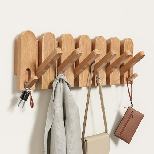 Solid Walnut Coat Rack Wall Mount, 16.5" Wood Wall Mounted Coat Rack with 8 Retractable Hangers,Heavy Duty Wooden Coat Hooks for Hanging Coats,Hats,Robe,Towels,Bags,Key Holder for Entryway,Natural - color: Natural