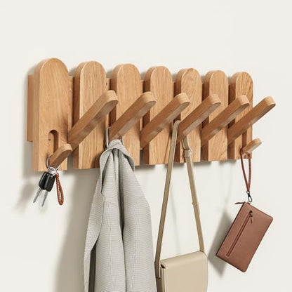 Solid Walnut Coat Rack Wall Mount, 16.5" Wood Wall Mounted Coat Rack with 8 Retractable Hangers,Heavy Duty Wooden Coat Hooks for Hanging Coats,Hats,Robe,Towels,Bags,Key Holder for Entryway,Natural - color: Natural