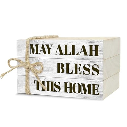 Wooden Decorative Book Stack for Table & Living Room Bookshelf - Christian Farmhouse Style, May Allah Bless This Home Decor (L24)