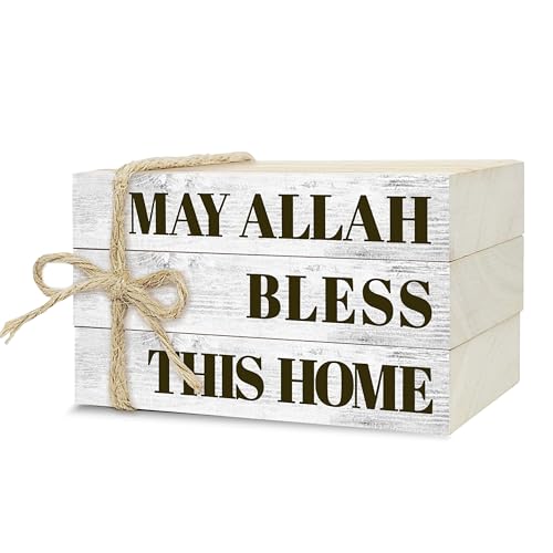 Wooden Decorative Book Stack for Table & Living Room Bookshelf - Christian Farmhouse Style, May Allah Bless This Home Decor (L24)
