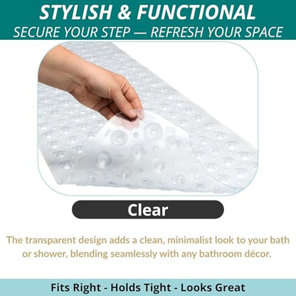 ENKOSI Non-Slip Bath & Shower Mat 40x16 Extra Long, Suction & Drain Holes | Clear look; Durable PVC; 40x16 in, Clear - color: Clear