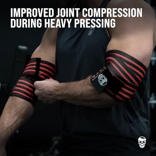 Gymreapers Weightlifting Elbow Wraps (1 Pair) - Flexible 40'' Elbow Compression Strap & Joint Support Brace - for Bench Press, Powerlifting, and Pressing - color: Red