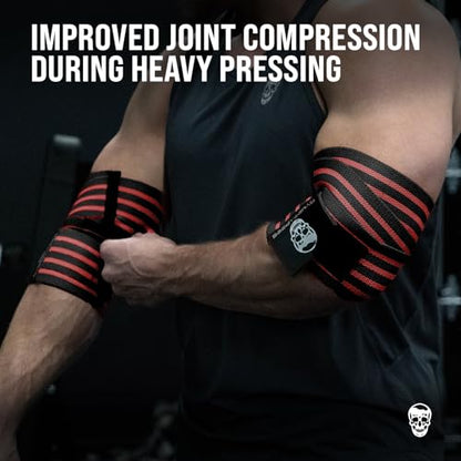 Gymreapers Weightlifting Elbow Wraps (1 Pair) - Flexible 40'' Elbow Compression Strap & Joint Support Brace - for Bench Press, Powerlifting, and Pressing - color: Red