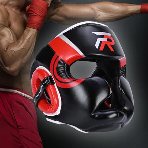 Boxing Headgear Face Cover Forehead and Ear Protection Full Face Protection for Sparring Karate Taekwondo Training Men Women - color: Red Large