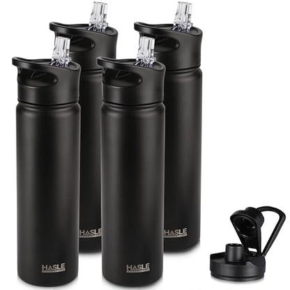 HASLE OUTFITTERS Insulated Water Bottle 22 oz Double Wall Stainless Steel Water Bottle Wide Mouth with Straw Lid & Spout Lid Keeps Cold or Hot(Black,4) - color: Black, size: 22oz- 4 Pack