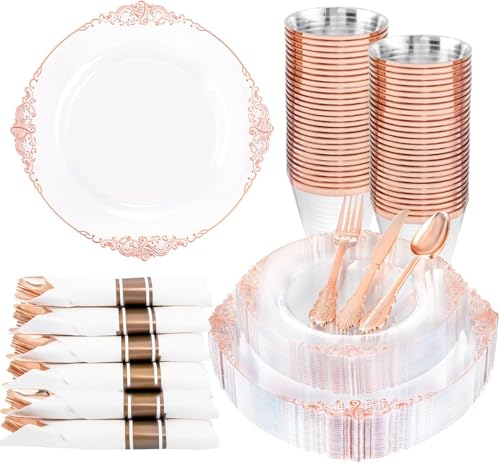 Nervure 175Pcs Rose Gold Plates, Disposable Party Plates for 25 Guests - color: Rose Gold, size: 175Pcs(25Guests)