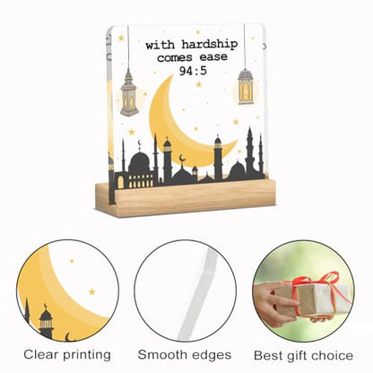 Mubarak Islamic With Hardship Comes Ease Acrylic Sign Decor Ramadan Mubarak Table Decor Muslim Gifts Acrylic Plaque Arabic Ramadan Tree Gifts for Men Women with Wood Stand 4 X 4 Inches - style: Art Deco