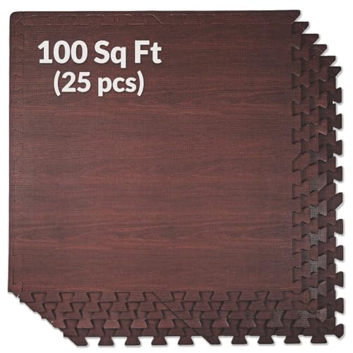 100 Sq. Ft 3/8 Inch Thick Printed Foam Tiles Interlocking Foam Mat, Dark Wood Oak Grain Style - (24" x 24", 25 pcs), Protective Flooring for Home, Exercise or Trade Show - color: Dark Oak