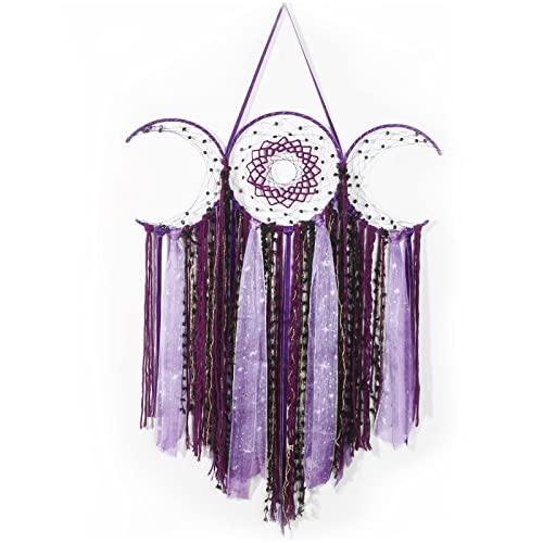 Purple Triple Moon Goddess Dream Catcher Macrame Wall Hanging, Pagan Decor - color: Mystic Purple