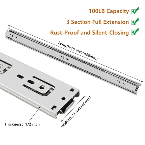 LONTAN 10 Pairs Side Mount Drawer Slides 18 Inch Heavy Duty Cabinet Rails | 100lb Load Cold Rolled Steel; 3-Section Full Extension; Smooth Ball Bearing Glides; Quick Release Easy Setup Replacement - color: Silver, size: 18 Inch - Drawer Slide
