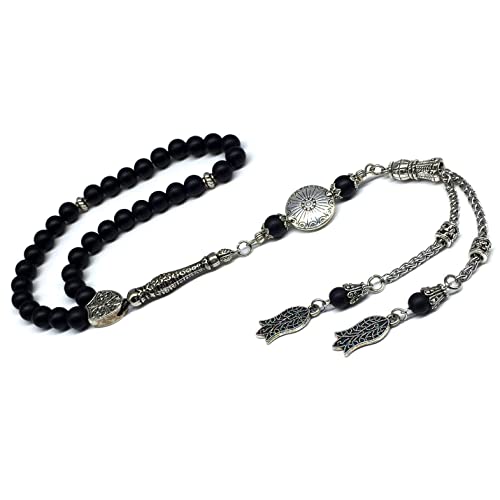 Stylist Prayer Beads (8 mm-33 Beads) Tesbih-Tasbih-Tasbeeh-Misbaha-Masbaha-Subha-Sebha-Sibha-Rosary-Worry Beads (Black Matte Agate Stone) - color: Black Matte Agate Stone