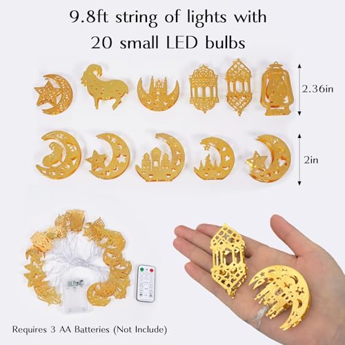 Ramadan Eid Mubarak Lights, Metal Islamic Lantern Moon Decor Lights with Remote Control, 8 Lighting Modes & 2 Brightness, Ideal for Eid Home Party Fireplace Wall Decor Indoor - style: Eid Decorations