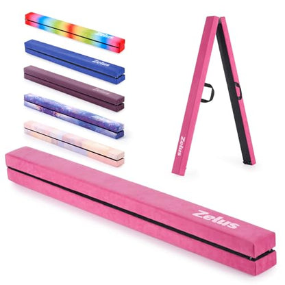 ZELUS 8' Folding Gymnastics Balance Beam, Floor Balance Beam w/Carry Handles Anti-Slip Base for Kids, Beginners & Professional Gymnasts - color: Pink