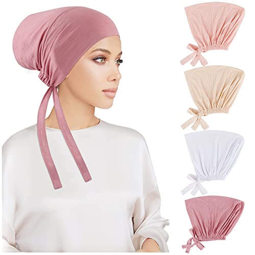 PHOGARY 4 Pcs Women Hijab Undercap, Islamic Muslim Under Hijab Cap Inner Under Scarf Hat Turban with Tie Back Closure - color: White, Pink, Peach, Beige