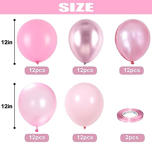 핑크 풍선 세트, 60팩 30.5cm(12인치) 메탈릭 크롬 핑크 펄 마카롱 라이트 핑크 다양한 색조 풍선 소녀 여성 생일 장식, 결혼식, 세례, 베이비 샤워 파티용 - color: 핑크 믹스