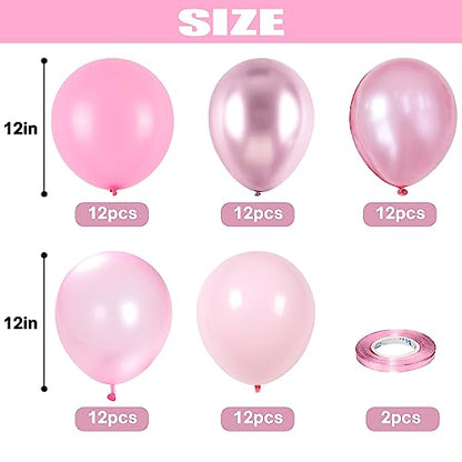 핑크 풍선 세트, 60팩 30.5cm(12인치) 메탈릭 크롬 핑크 펄 마카롱 라이트 핑크 다양한 색조 풍선 소녀 여성 생일 장식, 결혼식, 세례, 베이비 샤워 파티용 - color: 핑크 믹스