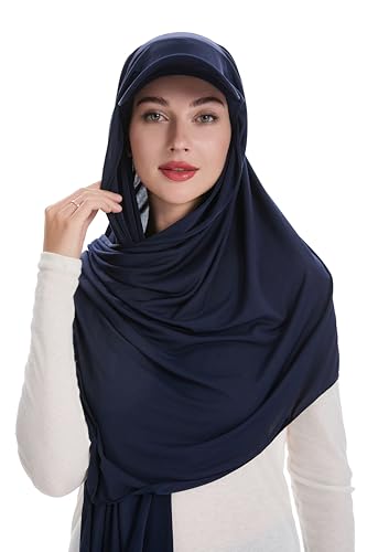 ZLYC Women Muslim Hijab Scarf with Visor Built-in Undercap Sun Protection Headwrap - color: Solid Navy