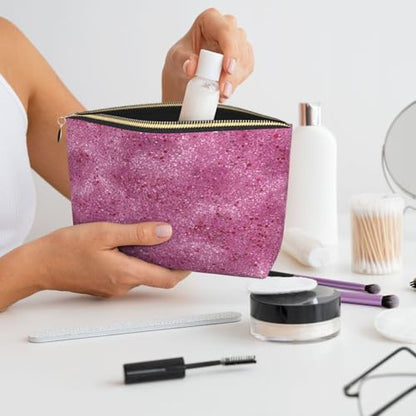 Leather Makeup Bag for Purse, Waterproof Small Toiletry Bag with Zipper, Cute Cosmetic Bags for Women, Pink Glitter with Tiny Travel Pouch - color: Pink Glitter With Tiny