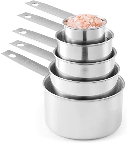 Laxinis World Stainless Steel Measuring Cups Set, 5-Piece, 1-Pack | Satin-brushed Steel, Engraved Metric and US Standard Markings, Elongated Handles, Nesting Ring Storage, and Dishwasher Safe