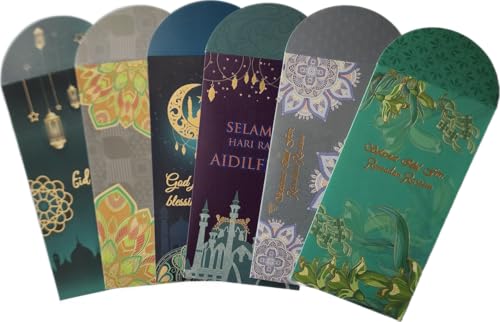 Pack 6 Islam Money Envelopes with 6 Styles AMN-456 Eid Mubarak Arabic Calligraphy Cash Holder for Kids Muslim Eidil Fitr Ramadan Gift (Color Set 2) - color: Color Set 2