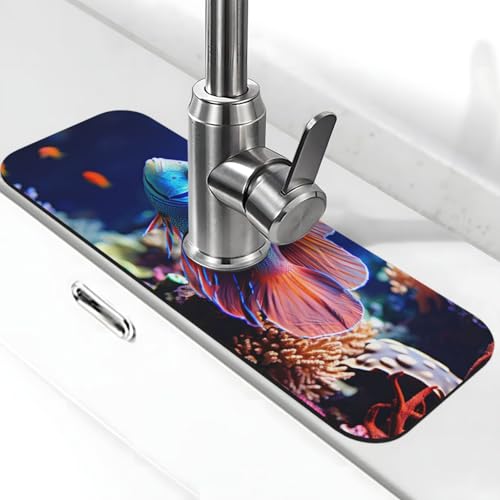 Coral Reef Fish Aquarium Faucet Mat for Kitchen Sink Splash Guard 14×38 CM Super Absorbent Diatomite Faucets Suction Pad Faucet Handle Drip Catcher Tray Dish Drying Mat Housewarming Gift