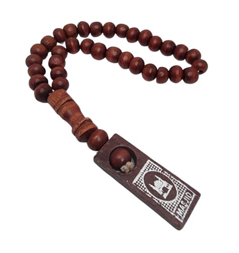 Muslim Wooden Tasbih 33 Beads Amn074 Printed Picture Tag Islam Prayer Zikr Misbaha Rosary Ramadan Gift (Red) - color: Red