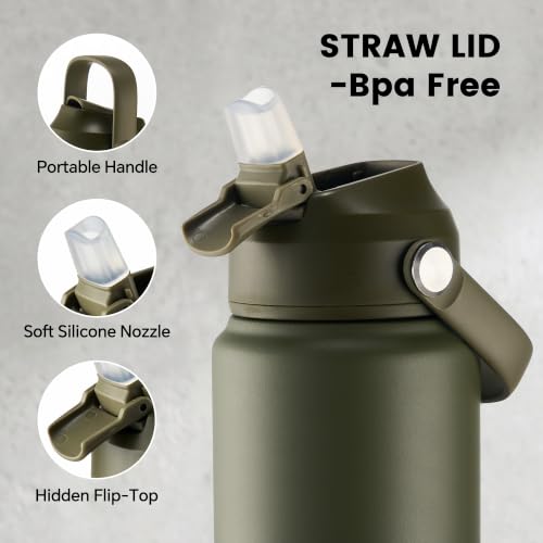 Fijinhom 24 oz Insulated Water Bottle with 2 Lids, Stainless Steel Water Bottles, Double Wall Vacuum, Portable Handle & Non-slip Bottom, BPA Free Leak Proof Metal Bottles, Keep Cold 24H, Green - color: Army Green, size: 24 Ounces