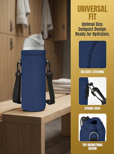 Neoprene Water Bottle Carrier Bag with Adjustable Shoulder Strap,Insulated Water Bottle Cover for Stainless Steel/Glass/Plastic Bottles - color: Navy Blue, size: 500ml